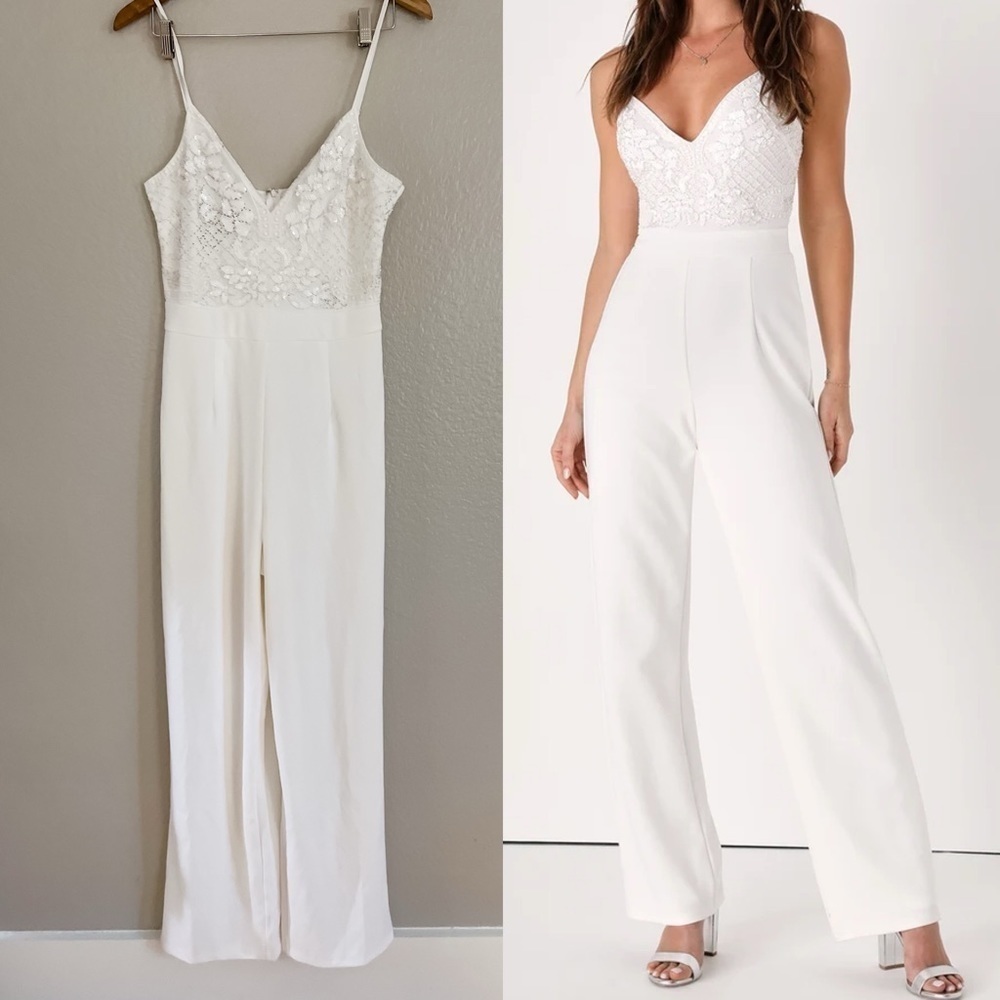 Memorable Occasion White Beaded Sequin Wide-Leg Jumpsuit